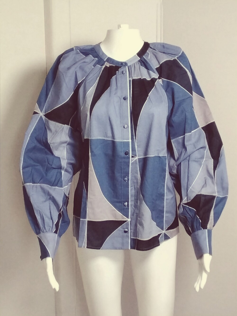 Sezane Chemise Lealys 100% Cotton Bleu Patchwork Button-Front Blouse Sz 4